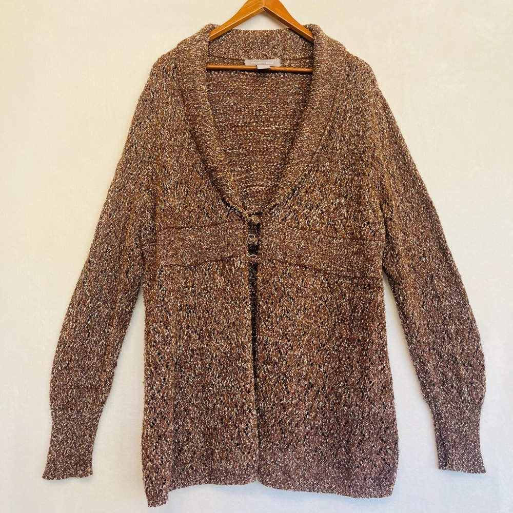 Open Knit Cardigan Brown Tunic‎ Sweater Small Button Long Sleeve Fall Plus Sz 1X